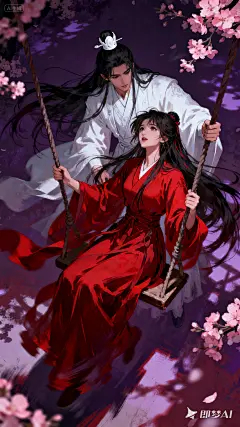 jimeng-2025-09-15-8375-动漫厚涂风，黑暗风插画。画面动作为荡秋千，古风画面。白衣男子在后面推红衣女子的秋