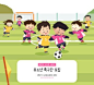 男孩女孩团队合作足球比赛儿童插画