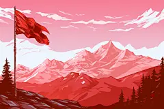 旗帜设计山峰上插着的红旗背景插画