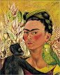 弗里达·卡洛(Frida Kahlo)高清作品《与猴子和鹦鹉的自画像》