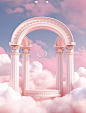 white arch and pink cloud clouds on a pink background, in the style of baroque-inspired grandeur, photorealistic renderings, lomo lc-a, aerial view, award-winning, furaffinity, fairycore