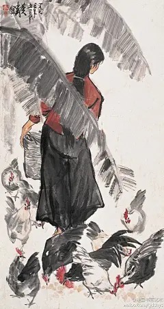 黄冑《育鸡图》--- 以鸡寓意吉祥如意，以芭蕉暗示肉身荣悴是中国传统绘画艺术里数见不鲜的实践。画面以鸡群环绕的农妇背影为主要对象，以斜穿画幅的芭蕉叶对画面进行不同层次分割。农妇微微侧着的背影掩映在芭蕉叶后，生气盎然的鸡群与芭蕉相呼应。画面素朴，布景紧凑，构图巧妙，具有强烈的生活气息。