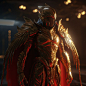 an image of a man dressed in gold and red with wings on his chest, standing