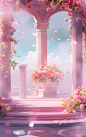 set of pink flower crowning backgrounds pictures, in the style of romantic ruins, vibrant stage backdrops, bryce 3d, classical balance, neoclassical style, dreamlike scenery, melting pots