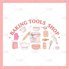 烘焙工具店横幅。设计与厨房用具，电动搅拌机，糕点袋，厨师帽，量杯，威士忌，滚针，面粉和鸡蛋。手绘风格