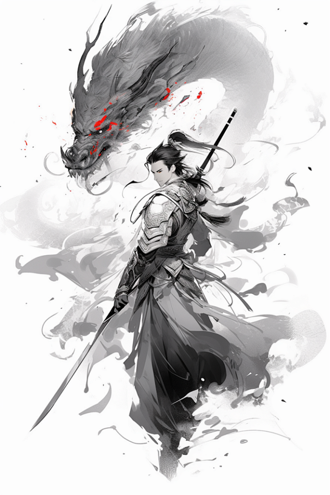 古风少年水墨武侠剑客和龙插画