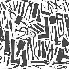 施工工具。背景。当过油漆工，木匠，建筑工，杂工。维修和施工服务。销售工具。单色的剪影。