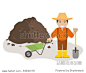 The farmer or gardener holding a shovel and wheelbarrow with pile of soil. Organic fertilizers icon. Vector illustration flat design.