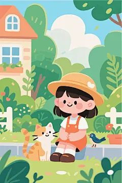 女孩与猫咪小鸟插画