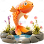 生产素材通用金属描边锦鲤3D动物贴纸元素素材