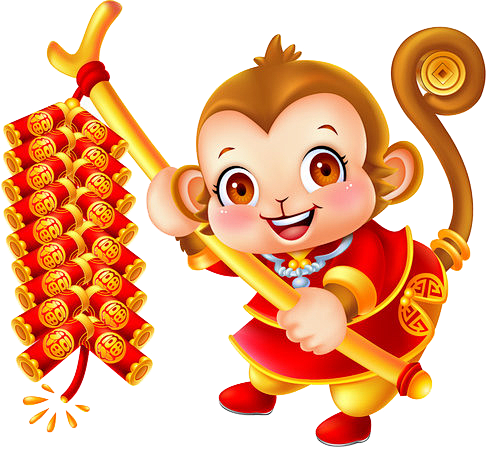 #新年猴年拿灯笼拿鞭炮透明底背景PNG素...