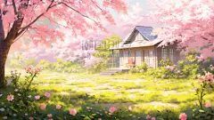 创意樱花盛开的乡村美景插画20春天花园别墅浪漫唯美