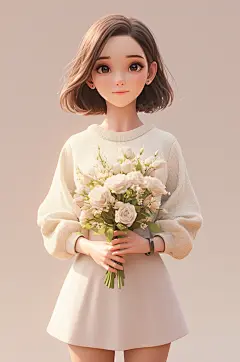 AI数字艺术春季捧花女孩人物模型-众图网