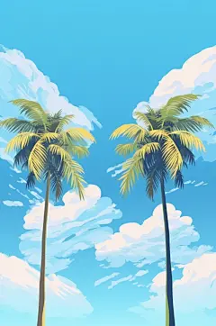AI数字艺术晴朗天空扁平风夏季海边插画
