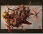 Chinese steampunk Imperial Airship flying castle concept art.