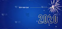 2020年新年线设计金色时钟倒计时与闪闪发光的烟花白蓝色贺卡