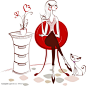 手绘简约风格插画之坐在红色时尚椅子上的美女和一旁的猫咪