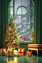 3d scene with christmas tree, presents and some windows, in the style of kitsch aesthetic, green and gold, vray, hallyu, , sigma 85mm f/1.4 dg hsm art, bold color usage