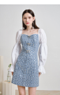 miss COCOON2021春新款女装设计感假两件收腰方领牛仔连衣裙子女-tmall.com天猫