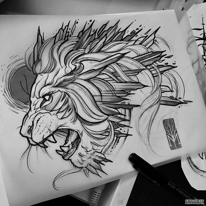 黑灰狮子纹身手稿