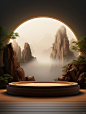 咒语：Circular platform，product display，Welcome pine rockery，Chinese ancient architecture，Simple Chinese background wall，Studio lighting，rendering，Super detailed，--c 8 --ar 3:4 --v 5.2
关键词：圆形平台，产品展示，迎客松假山，中国古建筑，简单的中国背景墙，工作室照明，渲染，超级详细