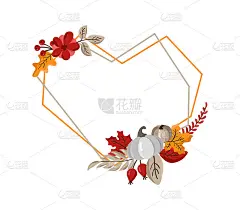 爱秋几何矢量框架花环与心的形式和地方为文本。用树叶，南瓜和浆果庆祝感恩节快乐。模板插图打印，贺卡。秋
