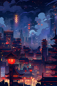 黑夜星空建筑漫画扁平风插画