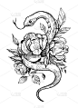 蛇用鲜花。手绘插图转换为矢量。很适合印在t恤上，纹身素描上。