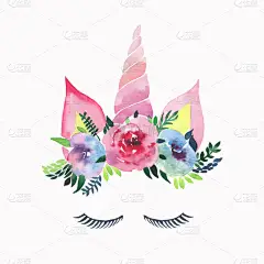 明亮可爱的可爱仙女神奇多彩多姿的独角兽与睫毛在美丽的花朵皇冠水彩手素描。适合贺卡, 婴儿纺织品.