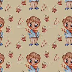 无缝模式。爱吃甜食的男孩用糖果和冰淇淋在他的手在一个淡黄色的背景与糖果。儿童收集。水彩。手绘