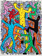 a group of colorful creatures standing together, in the style of keith haring, figures in motion, silkscreening, bruce nauman, soggy, gentle expressions