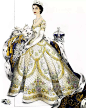 女王伊丽莎白二世1953年的加冕缎面礼服，上面绣有金银线状的英联邦花卉标志。 装饰有珍珠，亮片和水晶