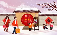 春节习俗彩色卡通手绘2021春节小年雪景人物贺岁半年场景原创插画海报