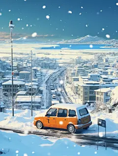 在雪中汽车动态城市海报