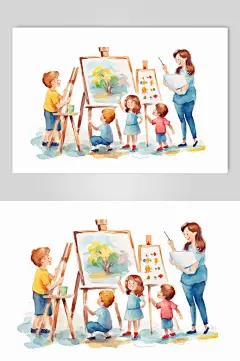 AI数字艺术手绘小朋友老师兴趣班培训插画-众图网