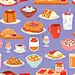 早餐矢量咖啡和煎的鸡蛋与甜点在早上插图集的健康食品粥或谷物和羊角面包上coffeebreak无缝图案背景矢量图素材