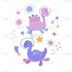 可爱的卡通恐龙在宇宙的图像，矢量图形，在一个白色的背景。用于设计明信片、海报、t恤、马克杯、笔记本封