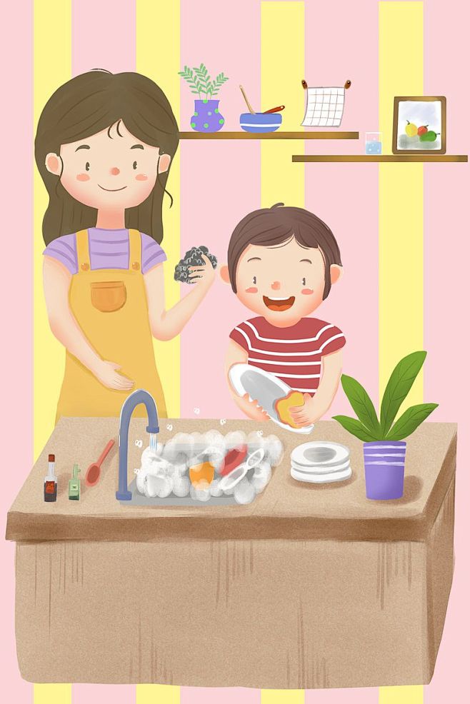 儿童简单的洗碗画图片