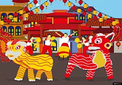 节日 广场 中式建筑 春节 狂欢 中国传统 中华民俗民风民俗插画绘画