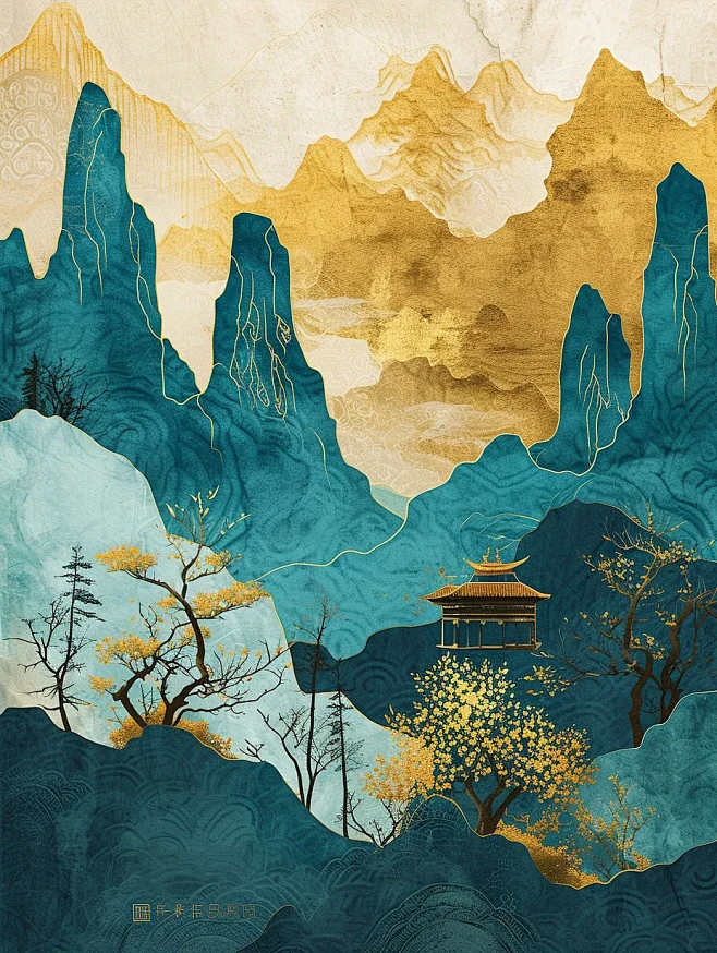 鎏金山水画海报-花瓣网