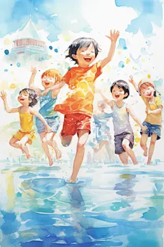 泳池晴空游泳学生插画图片