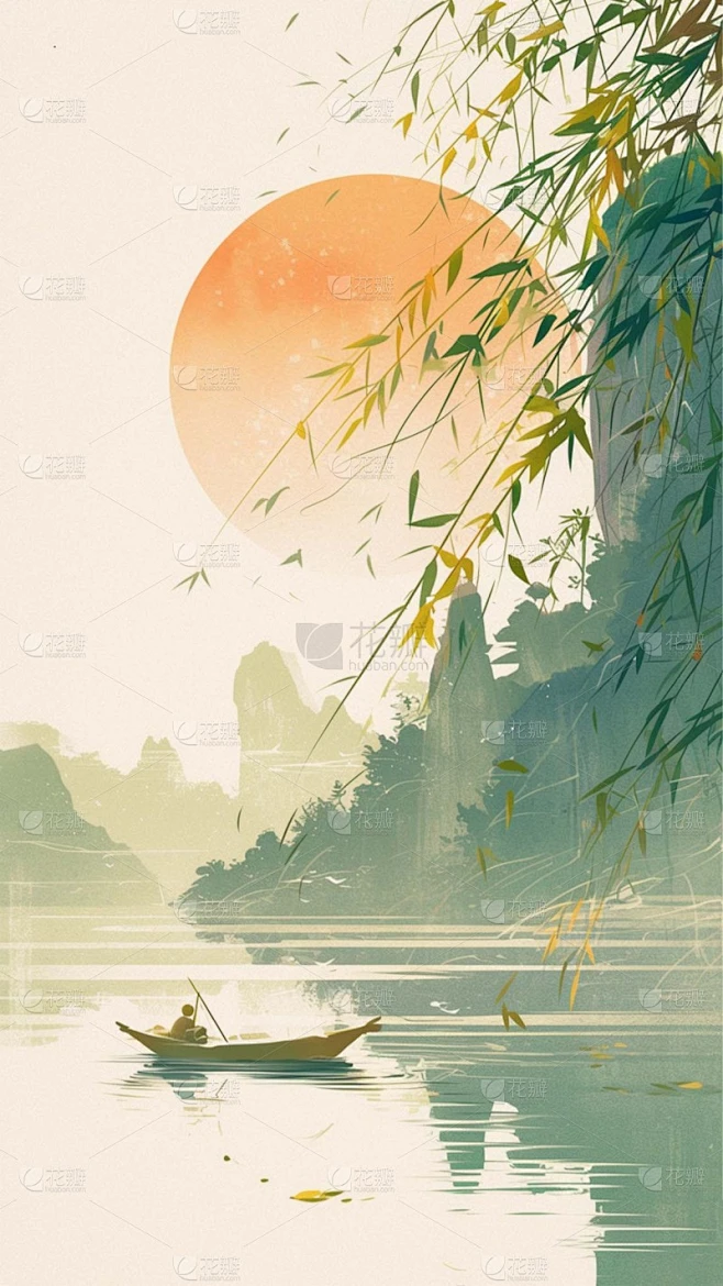 清明节通用水墨风山水柳叶插画背景场景图片素材素材-花瓣网