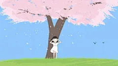 【米图网-52mitu.com】春天插画 手绘风景插画 春天 春天来了 春季 树 花 小女孩 风景插画 素材可爱卡通女孩在大树下