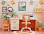 Cute bedroom with desktop illustration