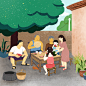儿时的夏/夏天/吃西瓜/插画插图/儿时回忆：满足的是冰西瓜也是一家人