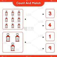 数和匹配，数灯笼的数量和正确的数字匹配。教育儿童游戏，可打印的工作表，矢量插图