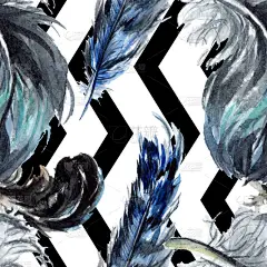 黑色羽毛水彩画。无缝的背景模式。织物壁纸打印纹理. 