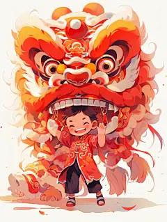 舞狮少年水彩插画喜庆海报