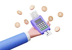 金币素材 | 点击来源直接获取大图文件 |手持商务名片支付终端 POS 终端。在线购物货币硬币英镑、日元、欧元、美元，孤立背景下的货币。交易。3D 渲染插图