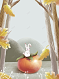 秋天立秋树木手绘兔子柿子 平面电商 创意素材